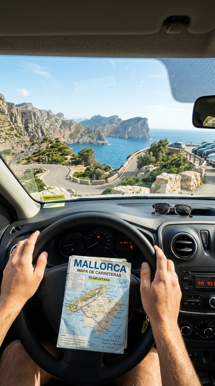 Conduciendo coche de alquiler en carretera de montaña de Mallorca