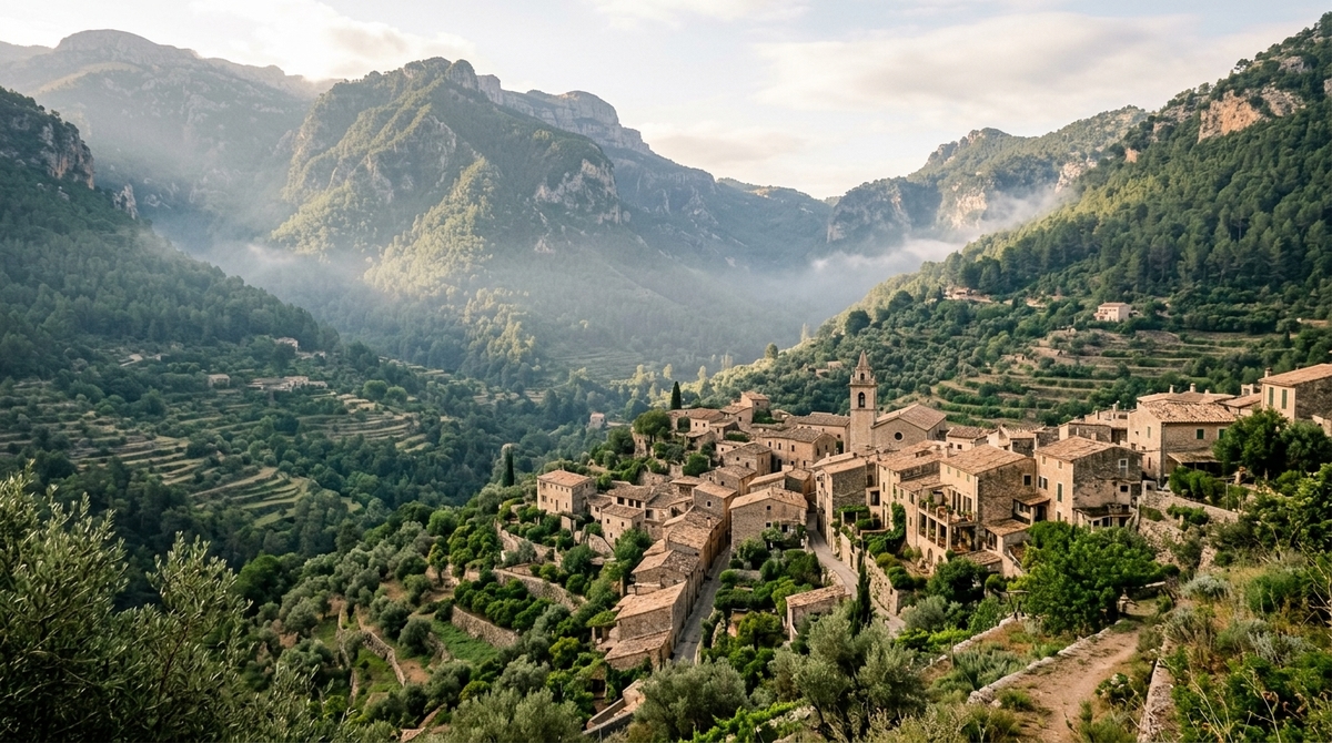 Callejón de piedra tradicional con cerámica en Valldemossa
