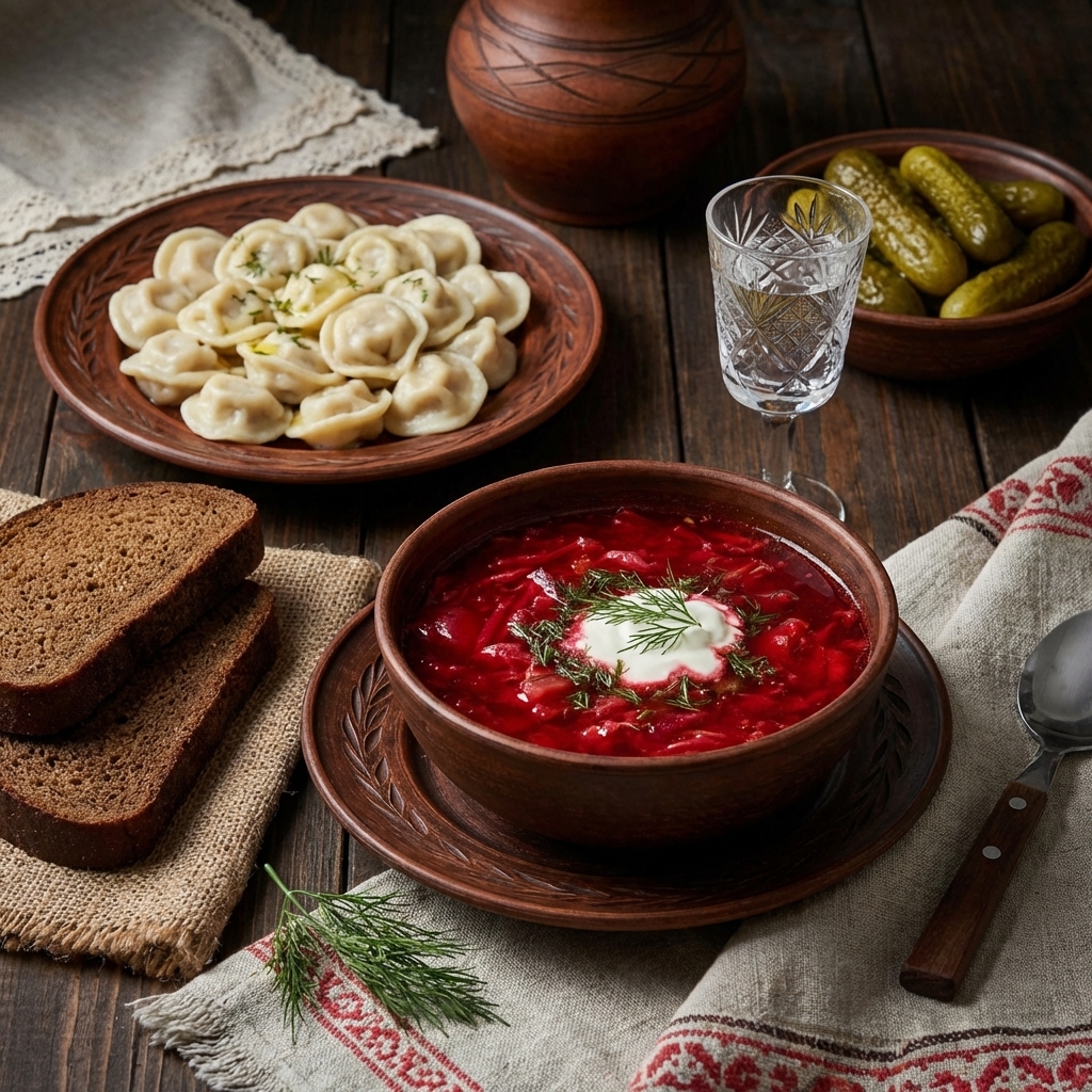 Banquete ruso con Borsch y Pelmeni