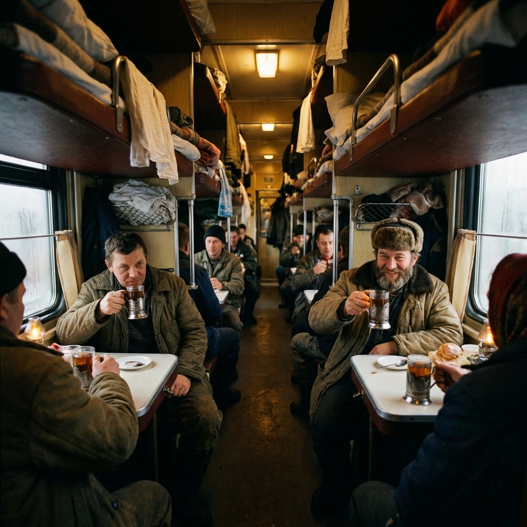 Interior de un vagón de tercera clase (Platskart) en el Transiberiano con pasajeros bebiendo té