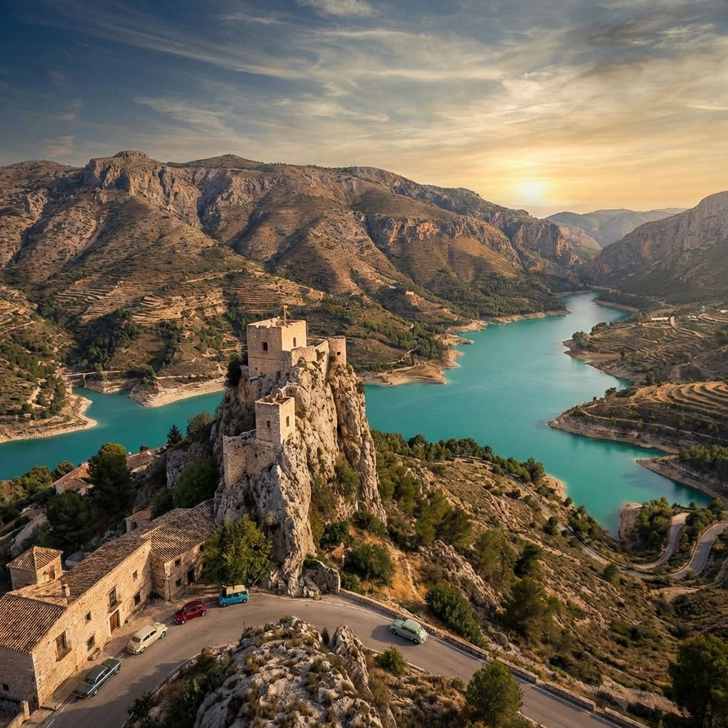 El inexpugnable Castell de Guadalest sobre el valle y el embalse turquesa.