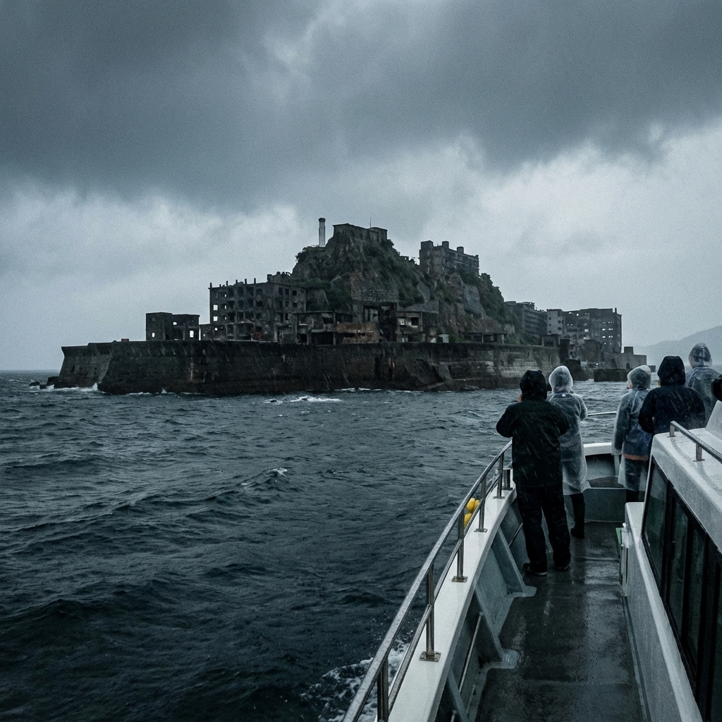 Barco turístico acercándose a Hashima