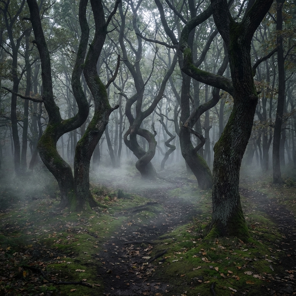Árboles retorcidos en espirales en el bosque de Hoia Baciu