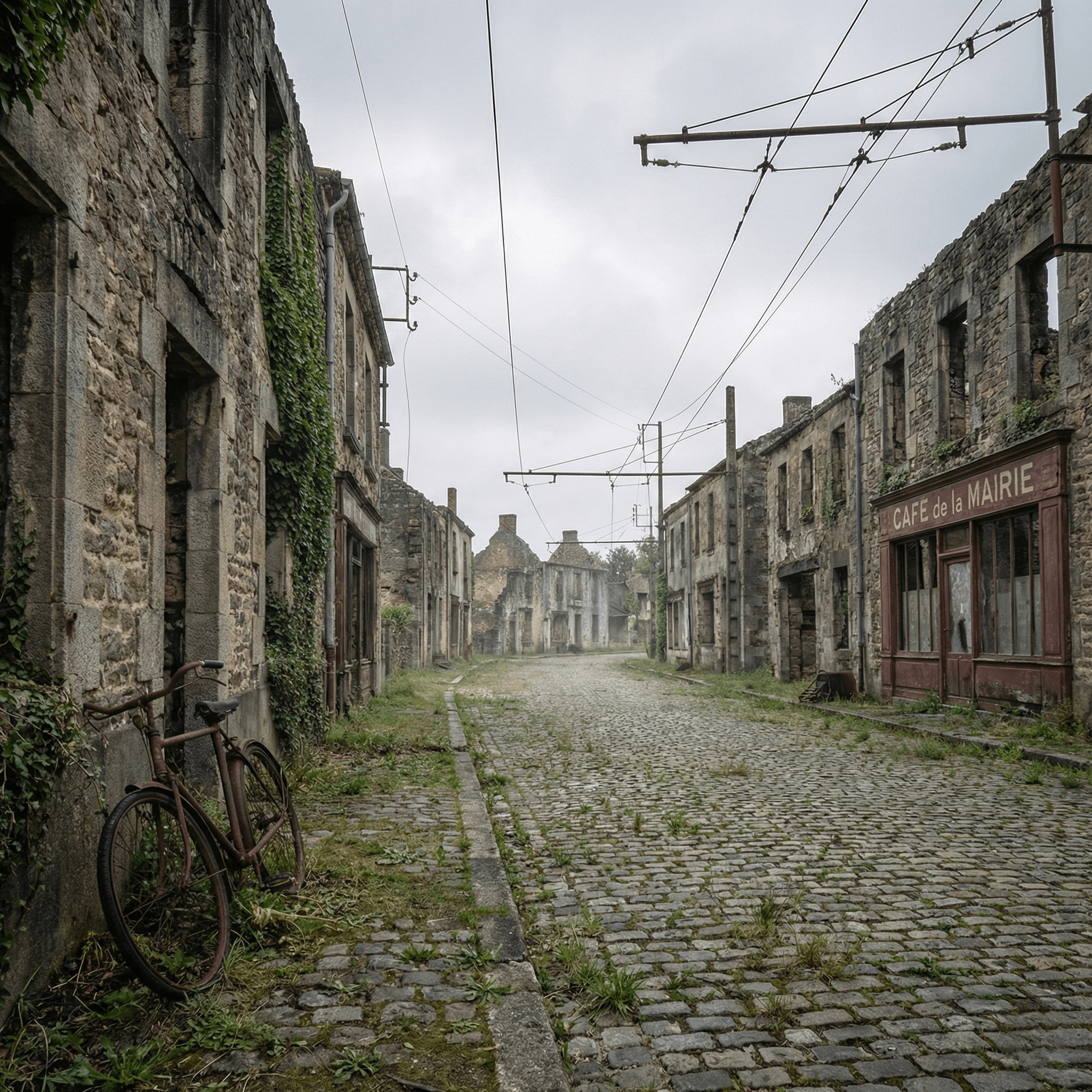 Calle principal de Oradour con casas quemadas sin techo