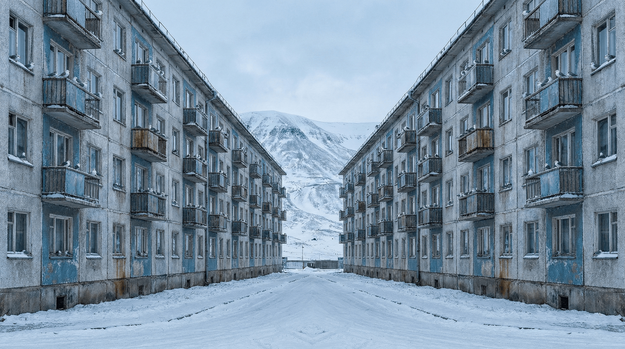 Edificios de bloques soviéticos en la nieve