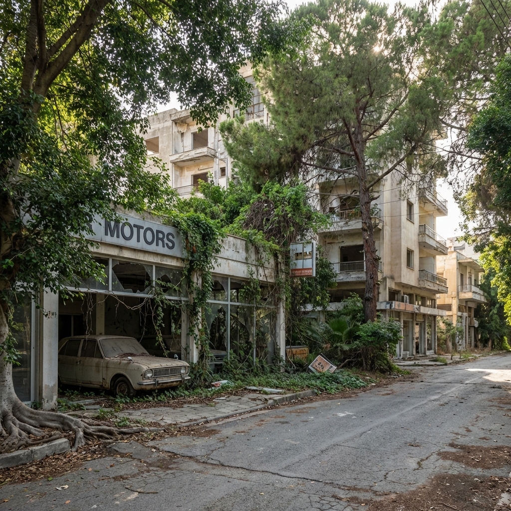 Calle abandonada de Varosha con vegetación